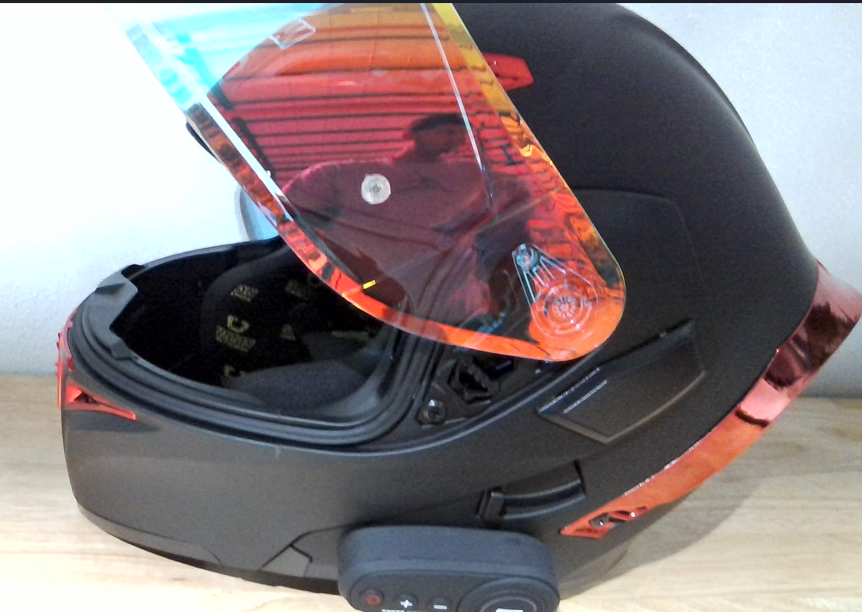 Casco de Motocicleta Modular con Bluetooth DOT Visera Doble, Cara Completa Abatible, Altavoz y Micrófono, Negro + Rojo, Talla Extra Grande