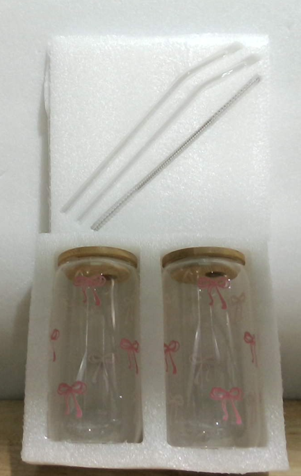Vasos de Vidrio GLECTG 2 Piezas con Moños Rosas, Tapas y Pajitas, Vasos de Café Helado Estéticos, Diseño Preppy, Regalos Cumpleaños y San Valentín, 473ml