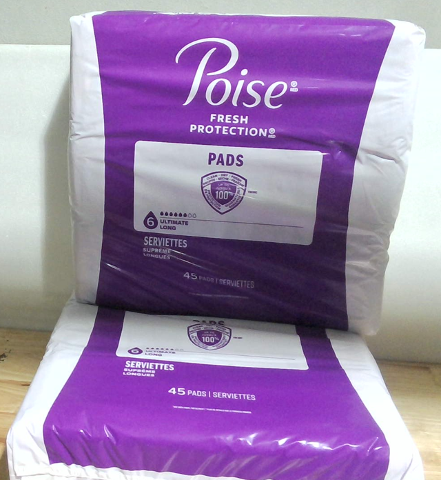 Poise Toallas para Incontinencia para Mujer, Absorción Máxima de 6 Gotas, Longitud Larga, 45 Unidades - Paquete de 2