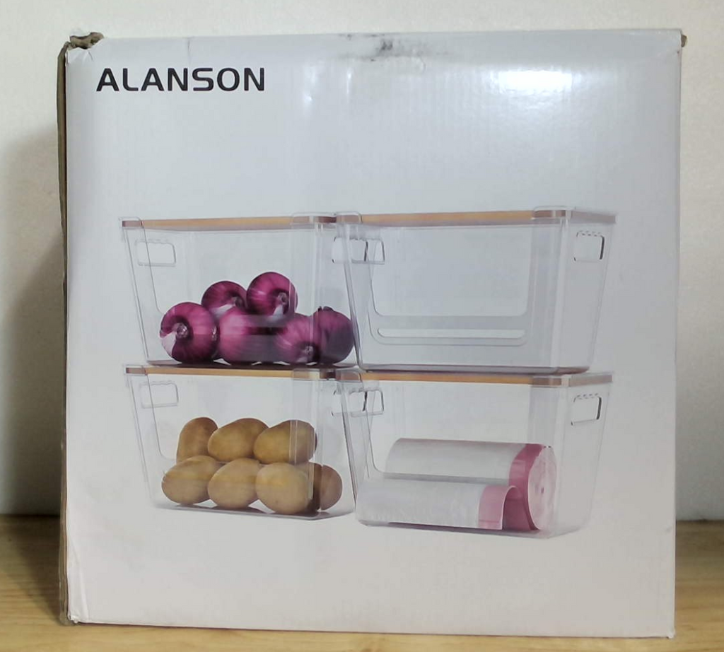 Juego de 4 contenedores transparentes ALANSON con tapa bambú, dispensador de bolsas basura, organizador de despensa para cebollas papas, organizador bajo fregadero cocina