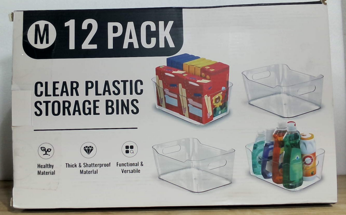 12 PACK Clear Plastic Storage Bins, Kitchen Cabinet Pantry Organizer Bins | Crystal-clear, Thicker, BPA Free, 12 Stickers - Multi-Use Containers for Home, Office, Shelf, Cupboard, Fridge Organization