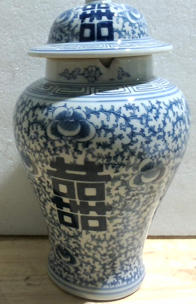 ⚠️ Pequeño Daño – Jarrón de Jengibre Azul y Blanco con Tapa – Estilo Chinoiserie Double Happiness, Porcelana Antigua para Decoración del Hogar