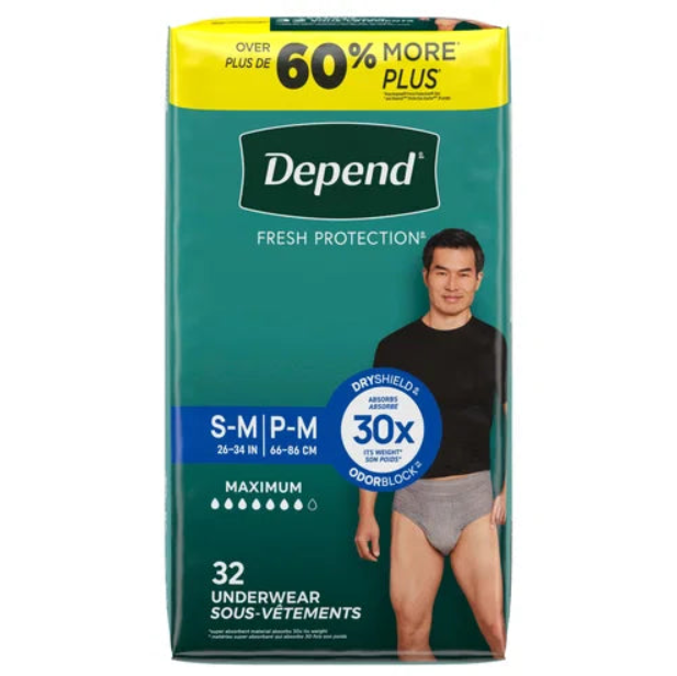Depend FIT-FLEX - Ropa interior de incontinencia para hombre, máxima absorción, desechable, S/M, gris, 32 unidades