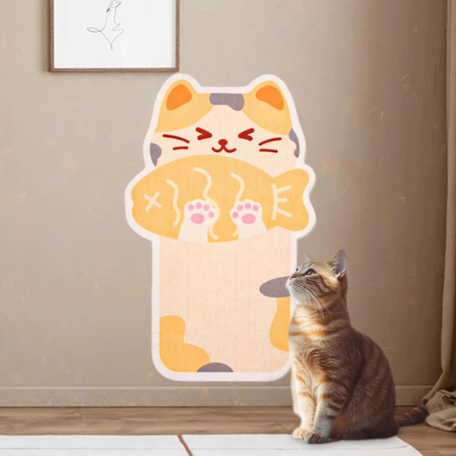 Tablero de rayas de forma de gato, rascador de gato montado en la pared con respaldo adhesivo, alfombra de rascado, rascado del gato