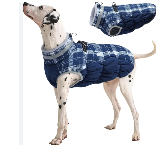 Abrigo Impermeable FUAMEY para Perros Grandes Talla L — Chaleco Reflectivo con Arnes, Forro Polar, Cuadros Azules