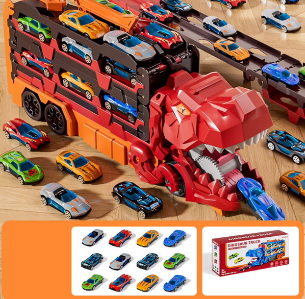 iHaHa Camión de juguete para niños pequeños de 3, 4, 5 y 6 años, set de pista de coches de juguete, camión transportador de dinosaurios con 10 coches de juguete de metal fundido, se transforma en dinosaurio (Copia)