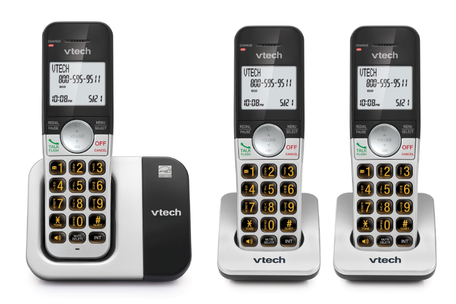 Teléfono inalámbrico VTech de 3 terminales con pantalla grande y botones grandes, DECT 6.0 con identificador de llamadas/llamada en espera, altavoz manos libres dúplex completo, modo ECO, rellamada a los últimos 10 números, fácil de usar.