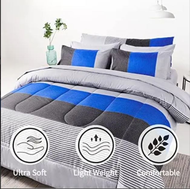 Rynghipy Juego de Edrédon de 8 Piezas a Rayas Azules – Ropa de Cama Completa