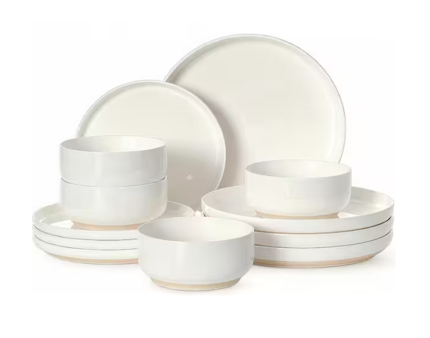 Juego de Vajilla de Cerámica 12 Piezas – Platos y Cuencos Blanco Crema, Servicio para 4