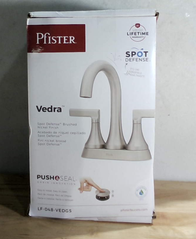 Grifo Pfister Vedra para lavabo de baño, 2 manijas, níquel cepillado y desagüe Push & Seal
