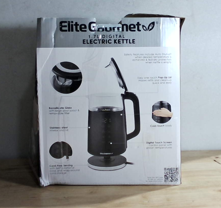Hervidor eléctrico Elite Gourmet de 1,7 L con doble pared y tacto frío, cristal de borosilicato, interior de acero inoxidable 304, pantalla táctil digital programable, función para mantener caliente, apagado automático e indicador sonoro, color negro.