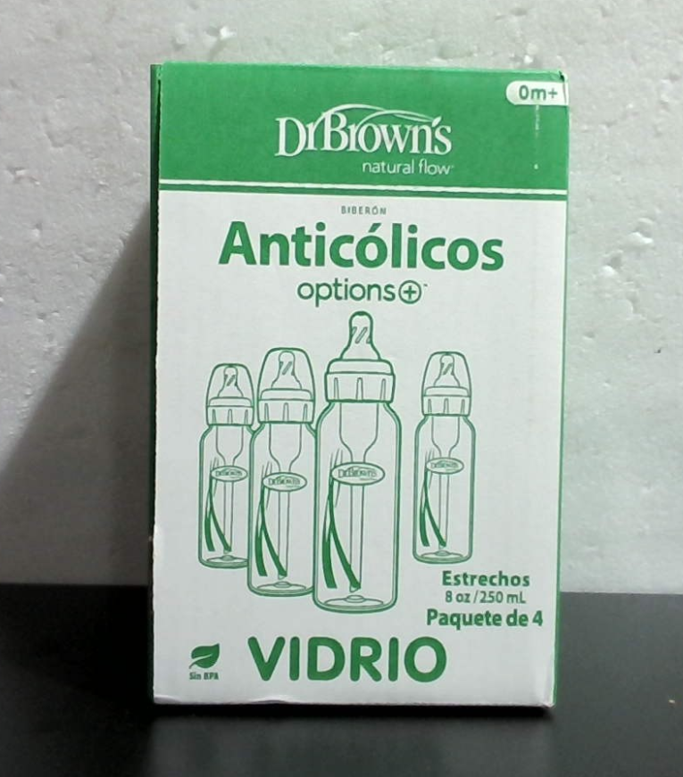 Biberón de vidrio estrecho Dr. Brown's Anti-Colic Options+ con tetina de flujo lento de nivel 1, sin BPA, 250 ml (8 oz), para bebés de 0 meses en adelante, paquete de 4 (el empaque puede variar).