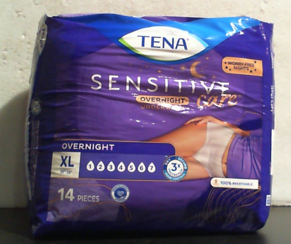Ropa interior para incontinencia nocturna TENA Sensitive Care para mujeres, pañales para adultos, talla extragrande (cintura de 99 cm a 132 cm), mejor ajuste, paquete de 14 unidades.