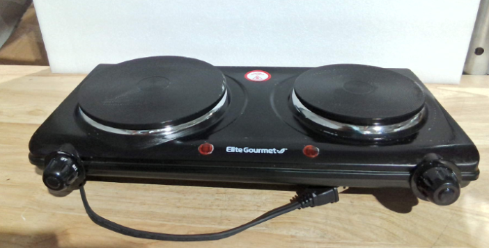 Placa eléctrica de sobremesa Elite Gourmet EDB-302BF con doble quemador de hierro fundido, 1500 vatios, control de temperatura, indicadores luminosos de encendido, fácil de limpiar, color negro.