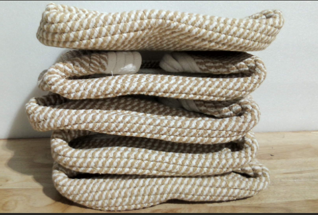 5 Canastas Tejidas de Almacenamiento para Estantes | Organizadores de Cuerda de Algodon para Bano, Closet y Guarderia | 11.8x7.9x4.7 Pulgadas | Caqui/Blanco