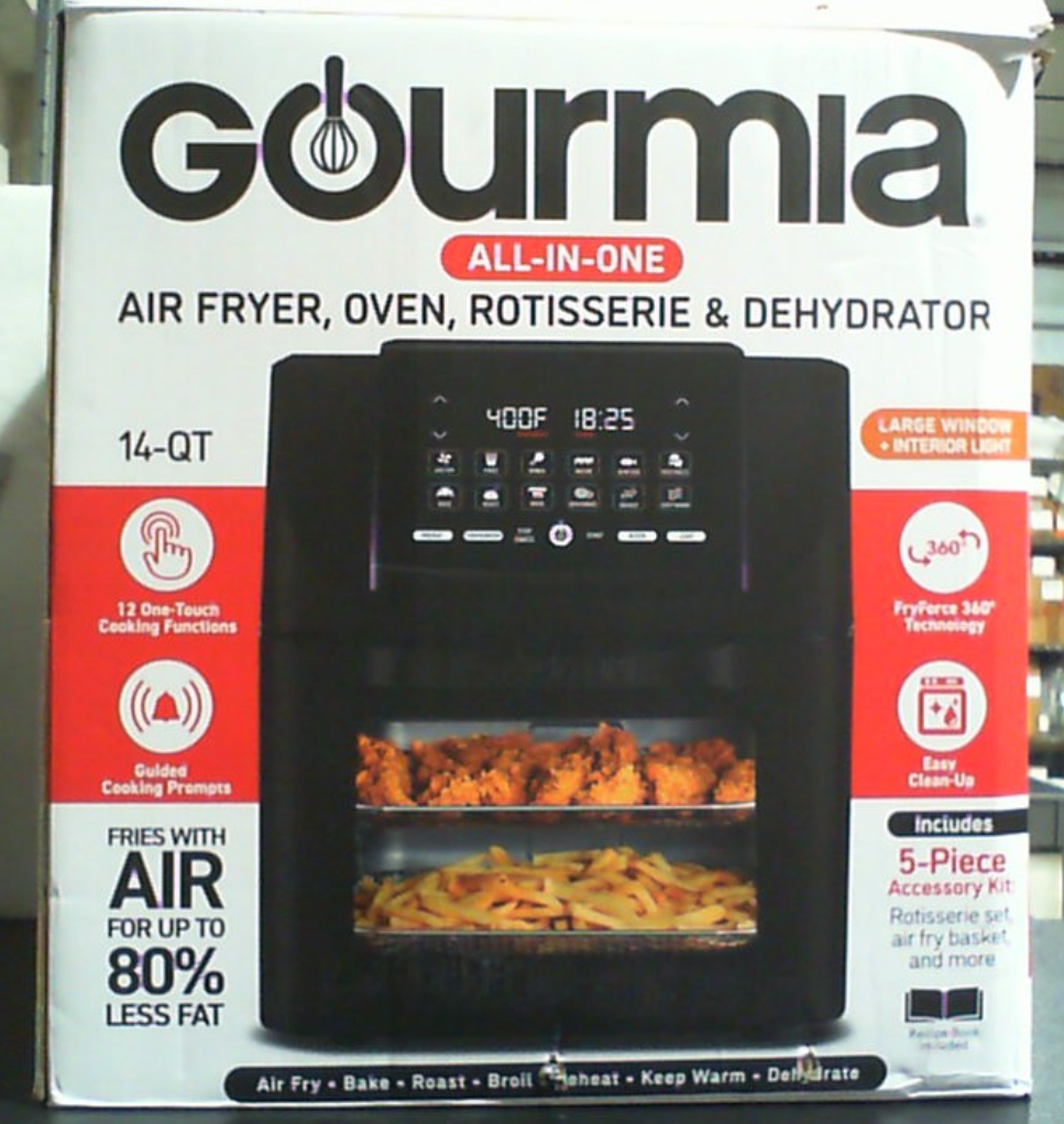 Freidora de Aire Gourmia 14 Qt Todo en Uno | Horno con Rotisserie | Pantalla Digital con 12 Programas | Asa, Hornea, Dora y Deshidrata | Accesorios Aptos para Lavavajillas | Negro