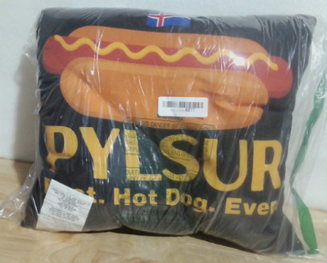 Almohadón decorativo / cojín de souvenir de Islandia, que rinde homenaje a su famoso plato callejero con el texto "Bæjarins Beztu Pylsur - Best Hot Dog Ever