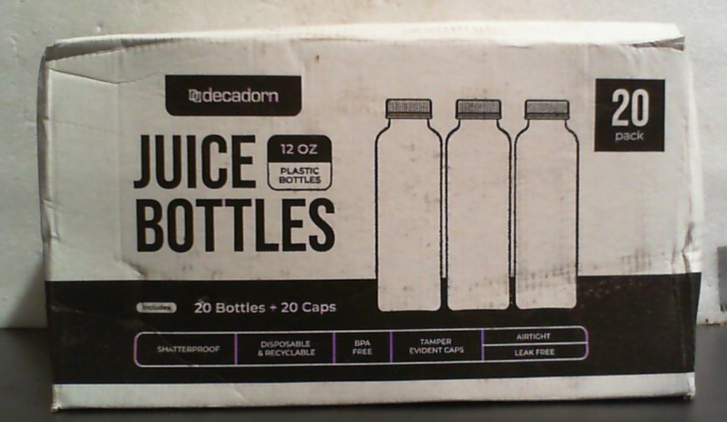 DECADORN Set de 20 Botellas de Jugo de 12oz con Tapa | Hechas en USA | Contenedores para Refrigerador | Sin BPA, Irrompibles y a Prueba de Fugas | Reciclables