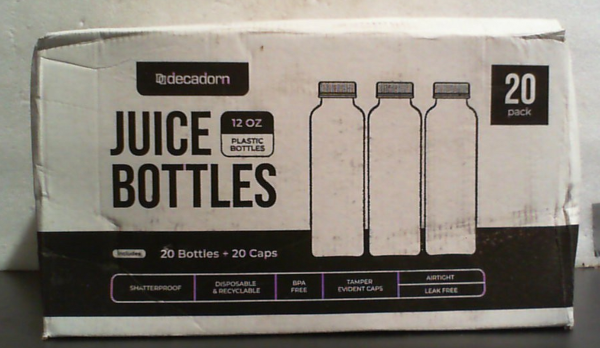 DECADORN Set de 20 Botellas de Jugo de 12oz con Tapa | Hechas en USA | Contenedores para Refrigerador | Sin BPA, Irrompibles y a Prueba de Fugas | Reciclables