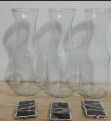 Set de 3 Botellas de Vidrio con Tapa, Jarra de Vidrio de 34 Onzas, Decantador de Agua para Vino, Leche, Jugo y Mimosas, para Fiestas y Bodas ( ARTICULO VIENE COMO SE MUESTRA EN LA SEGUNDA IMAGEN )