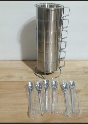juego de 6 tazas de café apilables de acero inoxidable con soporte de metal ( ARTICULO VIENE COMO SE MUESTRA EN LA SEGUNDA IMAGEN )