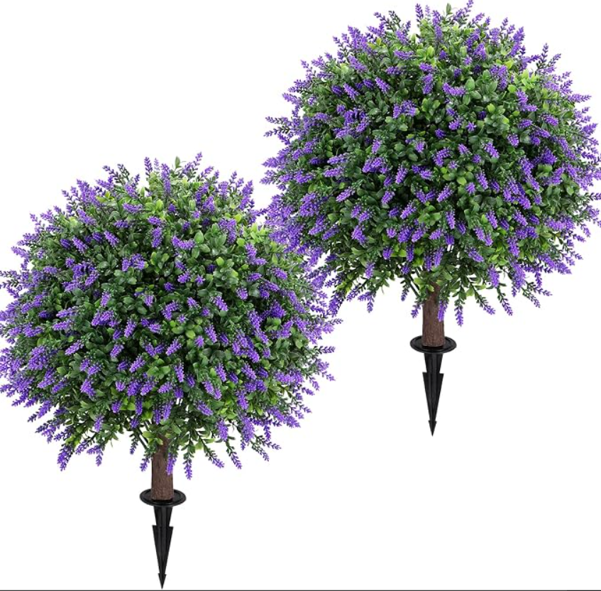 Juego de 2 árboles artificiales de lavanda con forma de bola, de 63,5 cm (25 pulgadas), con estaca para el suelo.