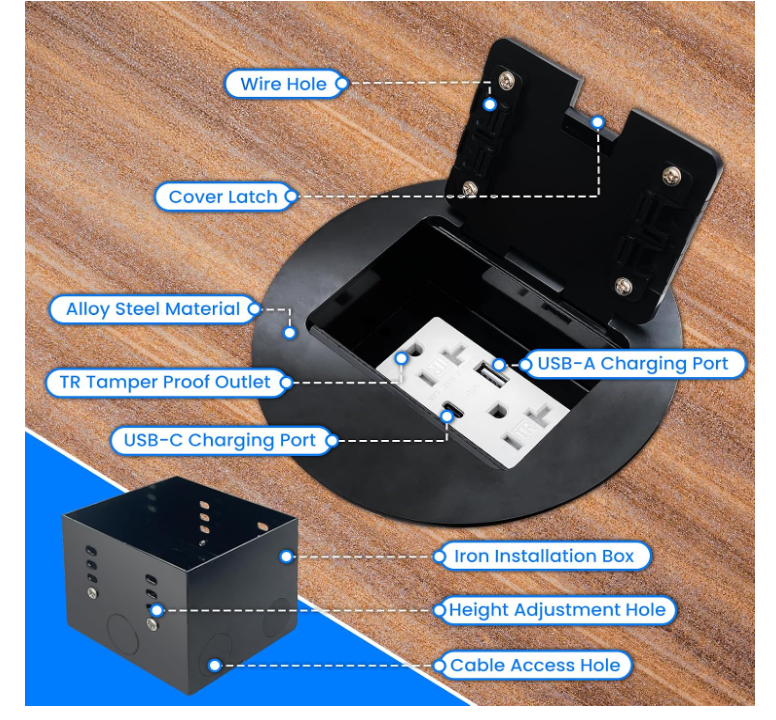 Caja de salida de piso empotrada, receptáculo profundo con puerto de carga rápida USB-A y USB-C