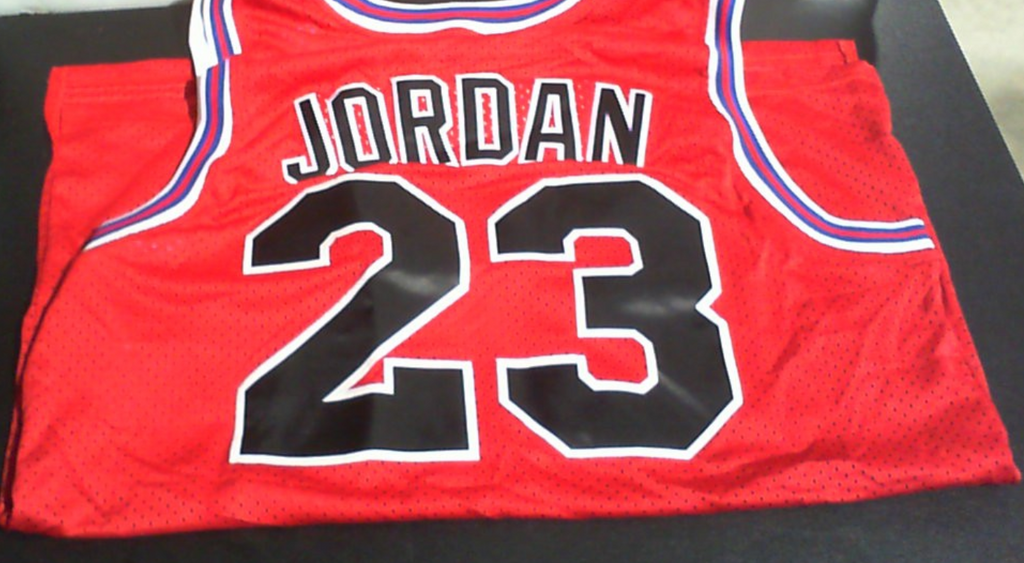 Camiseta usada Tune Squad roja talla L, estilo jersey de baloncesto sin mangas con logo frontal y bordes contrastantes