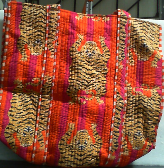 Bolso de mano de algodón reutilizable con estampado de tigre y rayas naranjas y rosas