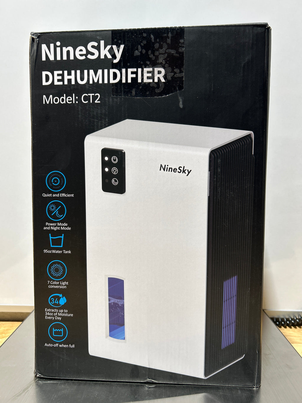 NineSky Dehumidifier 95 OZ – 1,100 Sq Ft, Auto Shut-Off, 7 LED Colors, 2 Modes, for Basement, Bathroom & Bedroom – White