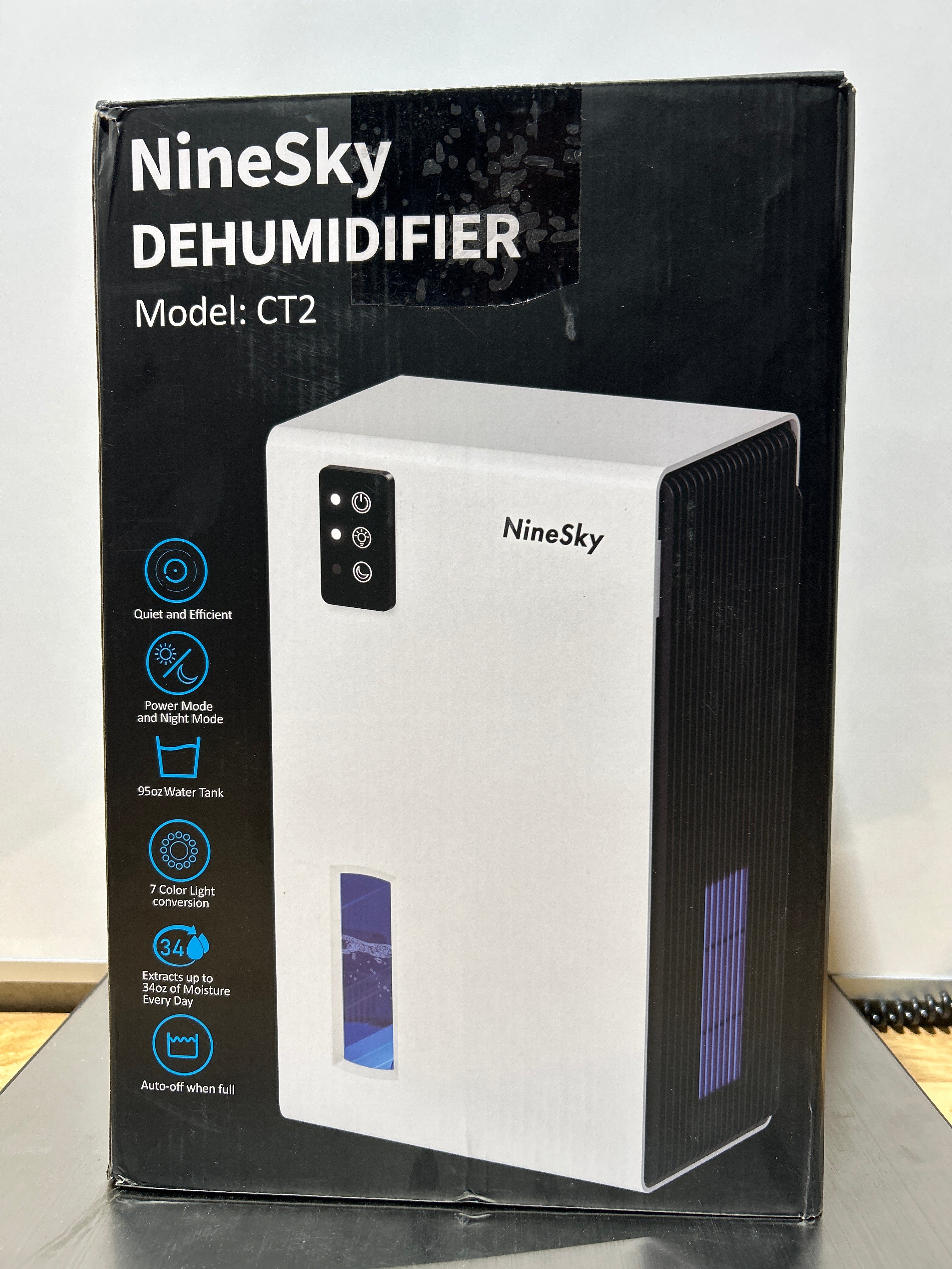 NineSky Dehumidifier 95 OZ – 1,100 Sq Ft, Auto Shut-Off, 7 LED Colors, 2 Modes, for Basement, Bathroom & Bedroom – White