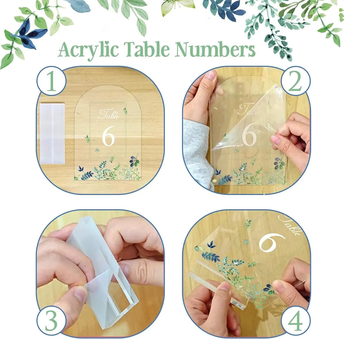 Números de mesa acrílicos transparentes en forma de arco para recepción de boda - 12.7 cm x 17.8 cm con fuente blanca, juego de piezas centrales con soportes y letrero para la mesa principal