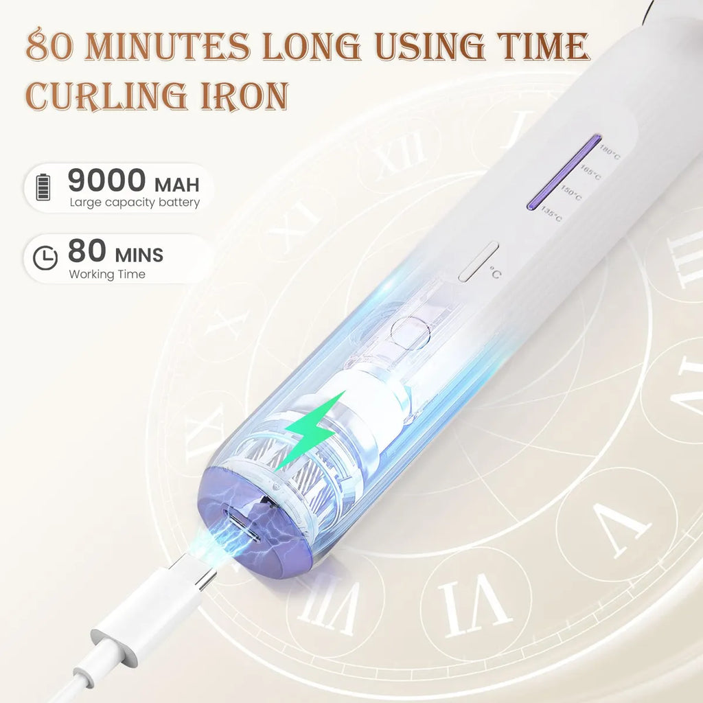 Rizador inalámbrico recargable de 9000 mAh, hasta 400 °F USB 1.102 in, rizador de pelo inalámbrico con 4 temperaturas, 80 minutos de tiempo de uso, rizador de viaje de cerámica portátil para cabello