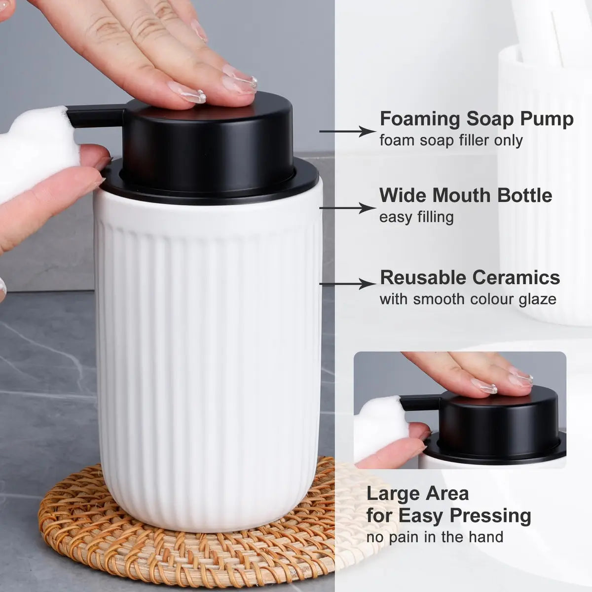 Dispensador de Jabón de Espuma BosilunLife – Cerámica Blanca 12oz, Bomba Espumosa Resistente a la Oxidación
