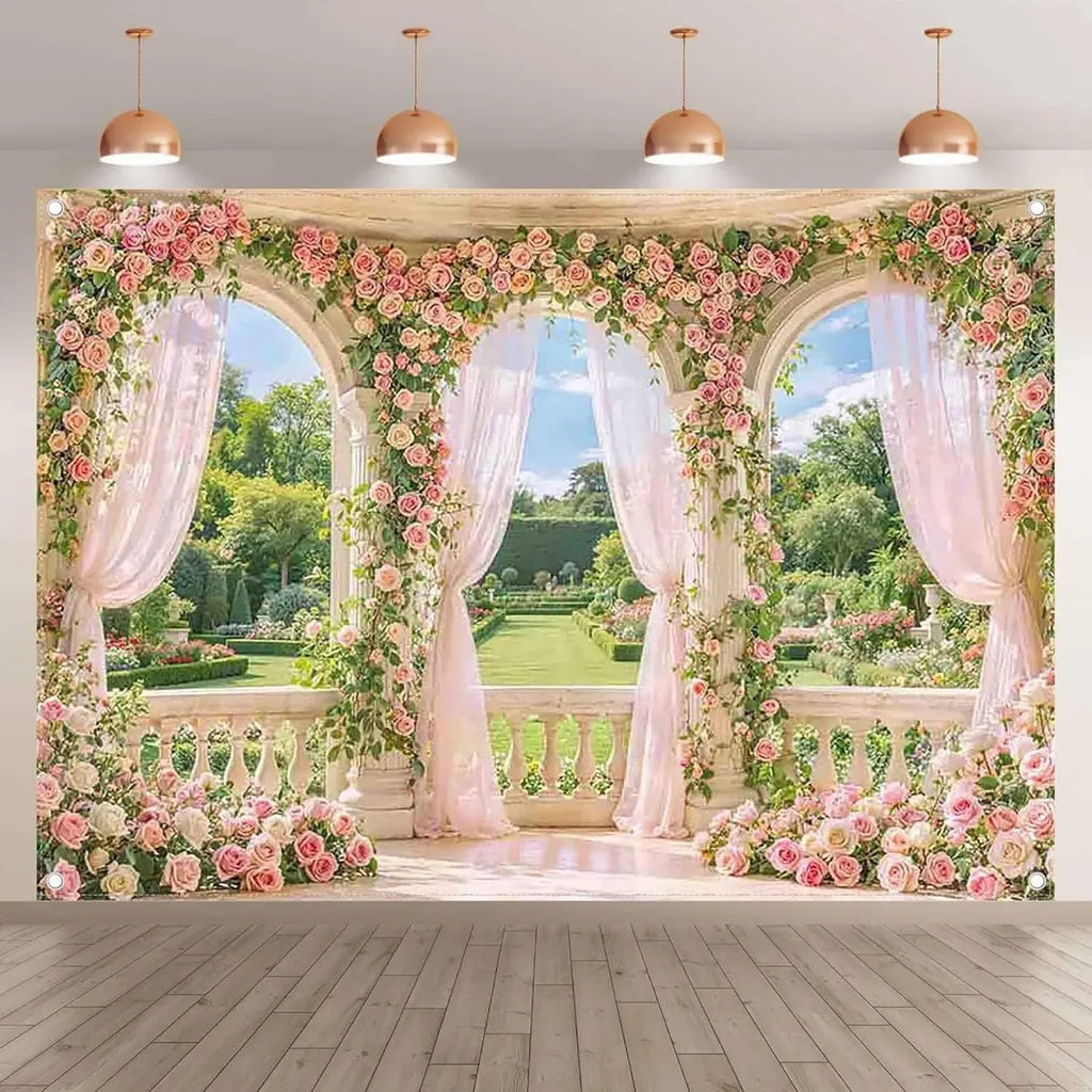Telón de Fondo para Fotografía 7x5 Pies | Ventana de Primavera Rosa Degradado para Bodas y Quinceañeras.