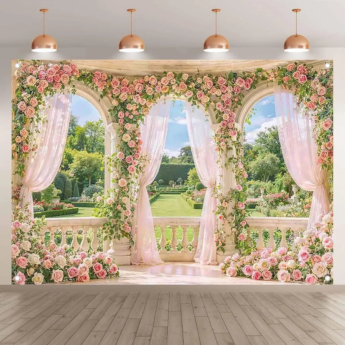Telón de Fondo para Fotografía 7x5 Pies | Ventana de Primavera Rosa Degradado para Bodas y Quinceañeras.