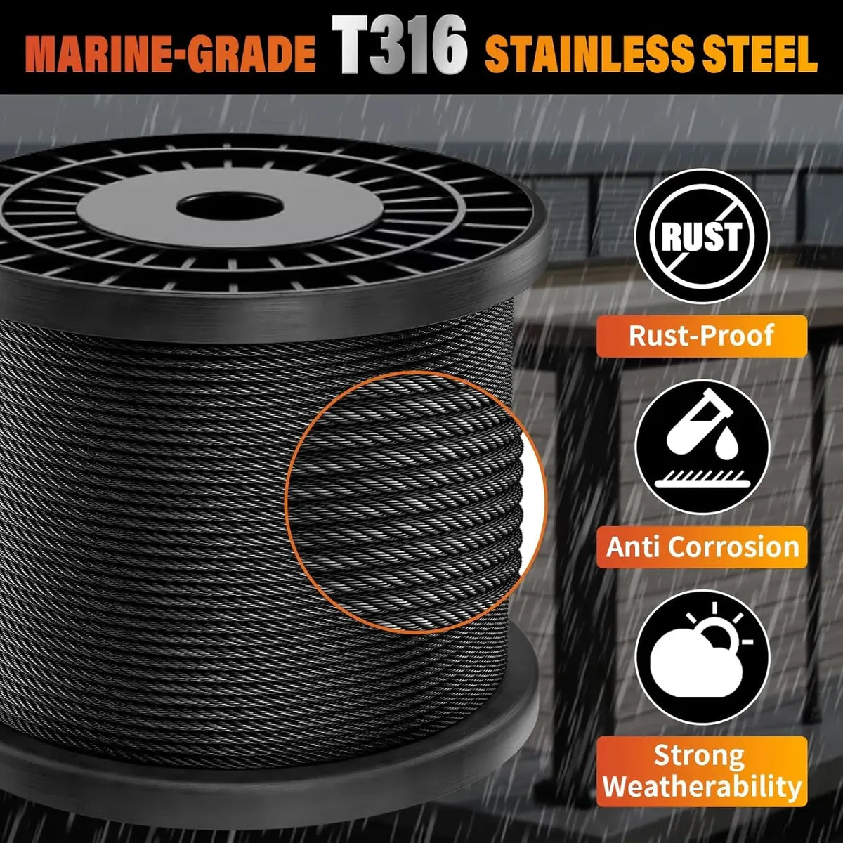 USADO-Cable Acero Inox Negro 1/8 Pulg 200 Pies Para Barandilla