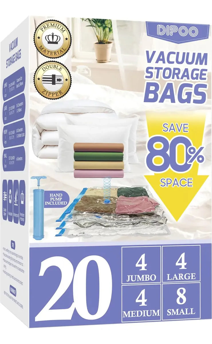 0 bolsas de almacenamiento al vacío con bomba de mano, 4 Jumbo + 4 grandes + 4 medianas + 8 pequeñas bolsas de plástico de embalaje, bolsas de sellado al vacío que ahorran 80% de espacio