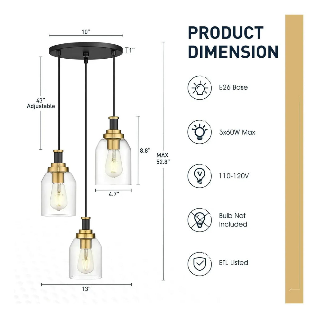 Lámpara Colgante Zeyu 3 Luces – Iluminación Moderna Negro y Dorado