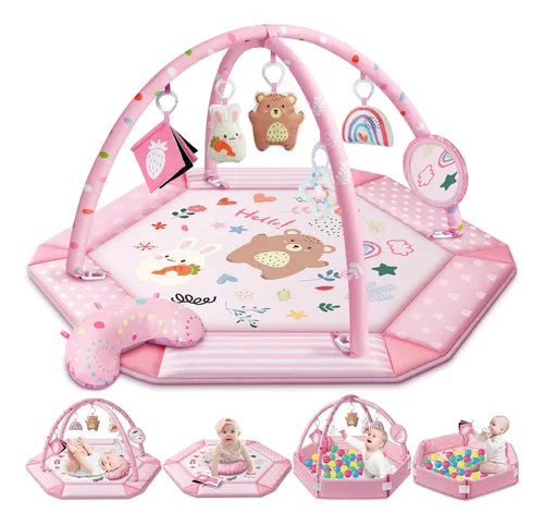 Alfombra de Juegos Bebés 8 en 1 con Piscina de Bolas | 6 Juguetes Incluidos | Lavable | Desarrollo Visual Auditivo Sensorial Motor | 0-12 Meses | Color Rosa | 1 Unidad