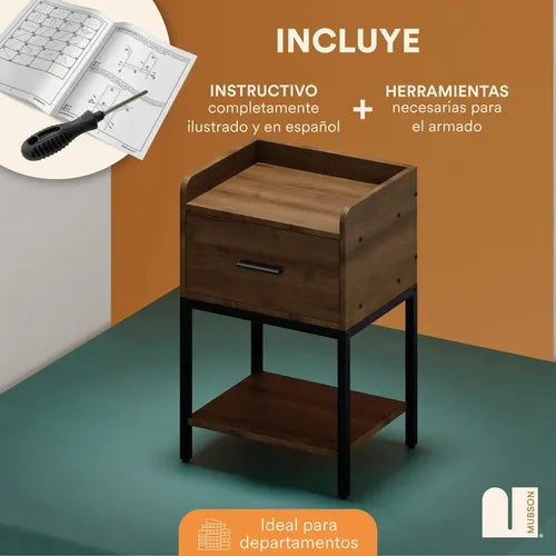 Mesa de Noche AEPOALUA con Marco Dorado | Pequena con 1 Cajon |MARRON | Dormitorio Sala