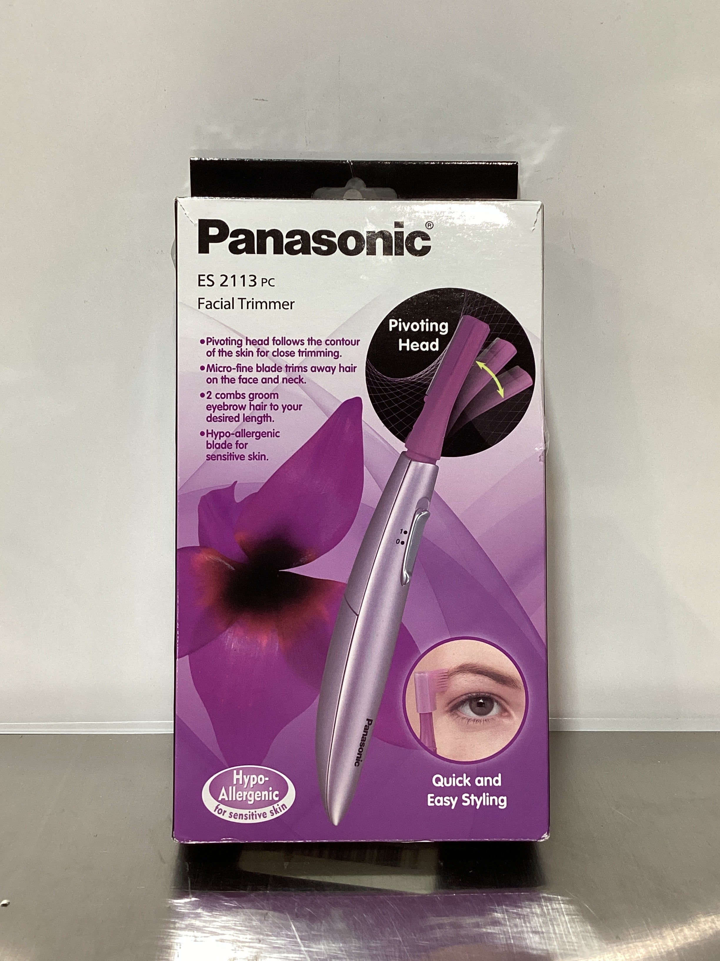 Panasonic Womenâ€™s Facial Hair Remover and Eyebrow Trimmer with Pivoting Head, Includes 2 Gentle Blades for Brow and Face and 2 Eyebrow Trim Attachments, Battery-Operated â€“ ES2113PC