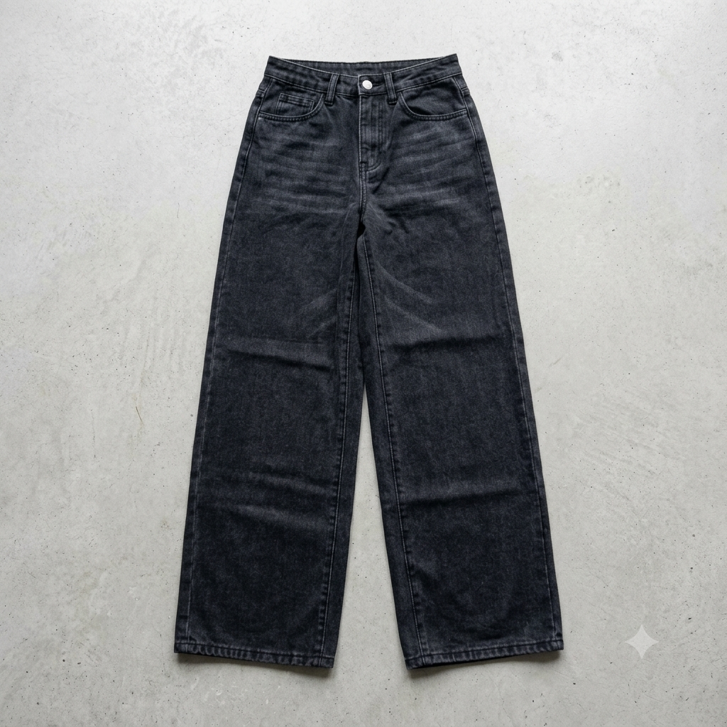 Jeans Wide Leg Mujer Tiro Alto – Denim Negro Desgastado Talla XS (34 EU)