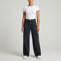 Jeans Wide Leg Mujer Tiro Alto – Denim Negro Desgastado Talla XS (34 EU)