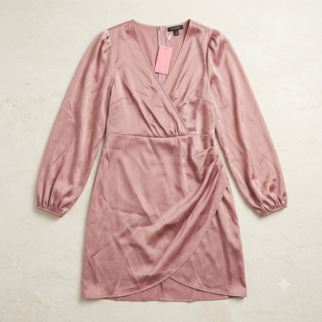Vestido Wrap Corto Mujer en Satén Rosa – Escote en V, Manga Larga y Drapeado Talla M