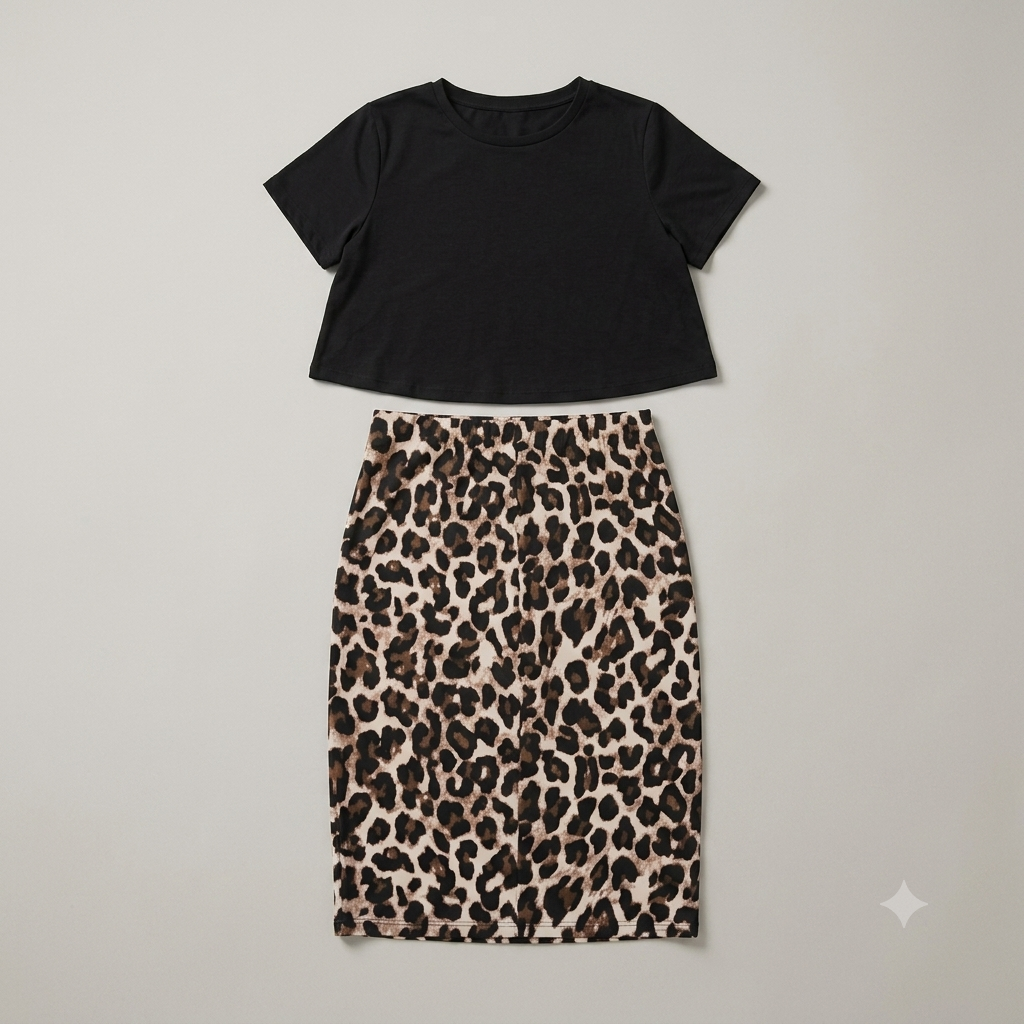 Conjunto Mujer 2 Piezas Talla 1XL – Top Crop Negro y Falda Midi Lápiz Estampado Leopardo