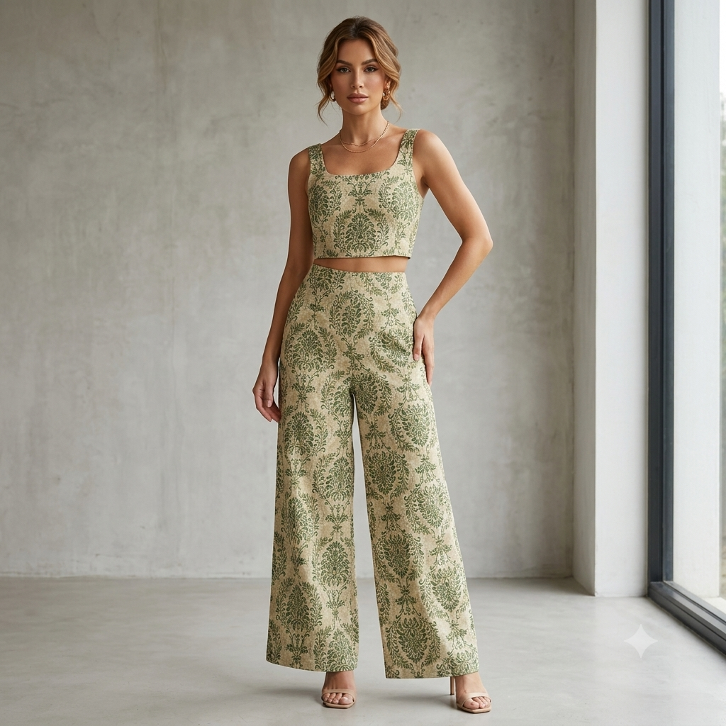Conjunto Mujer Estampado Floral Damasco – Top Crop y Pantalón Palazzo Talla M