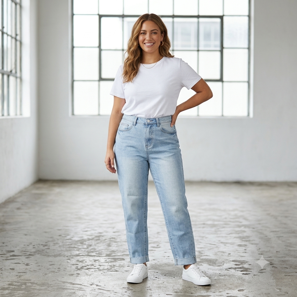 Jeans Mom Fit Mujer Tiro Alto – Denim Azul Claro Lavado con Basta Doblada Talla M