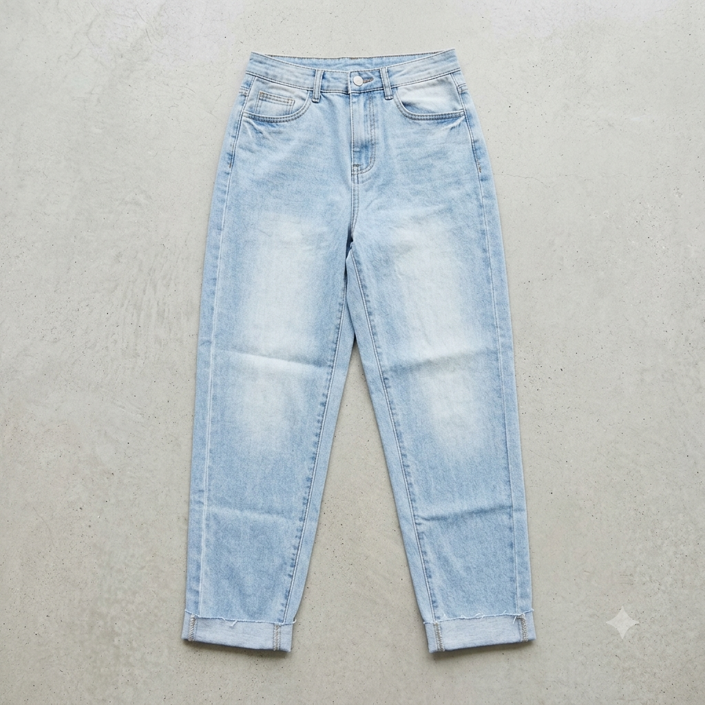 Jeans Mom Fit Mujer Tiro Alto – Denim Azul Claro Lavado con Basta Doblada Talla M