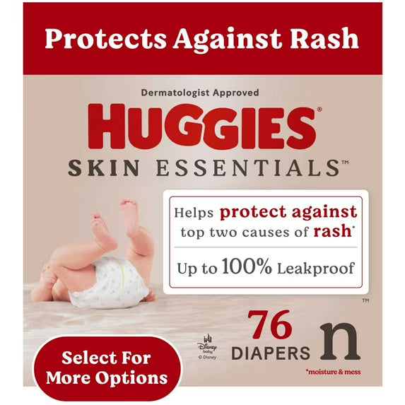 Pañales Huggies Skin Essentials Talla Recién Nacido – Suaves y Seguros para la Piel del Bebé, Paquete de 76 Unidades